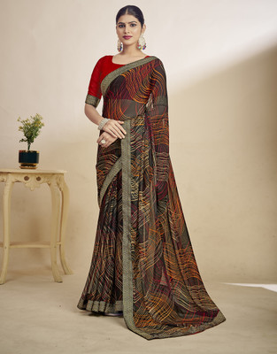 Tasrika Floral Print, Geometric Print, Digital Print, Printed Bollywood Chiffon Saree(Black)
