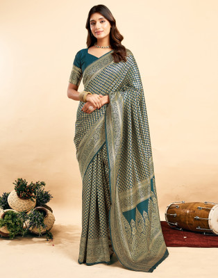 Samah Embellished, Woven, Self Design Kanjivaram Silk Blend, Jacquard Saree(Blue, Gold)