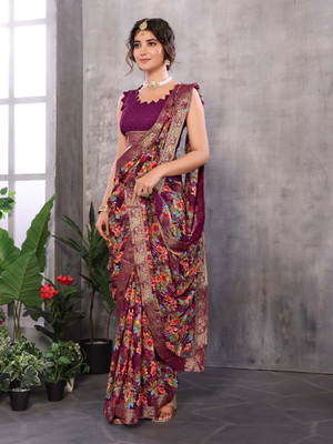 YASHIKA Printed Bollywood Georgette, Lace Saree(Purple)