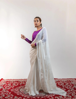 Manal Kreations Embroidered, Embellished Lucknow Chikankari Georgette Saree(White)