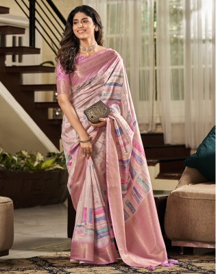 Satrani Printed, Woven, Embellished Handloom Silk Blend, Pure Silk Saree(Pink, Gold)