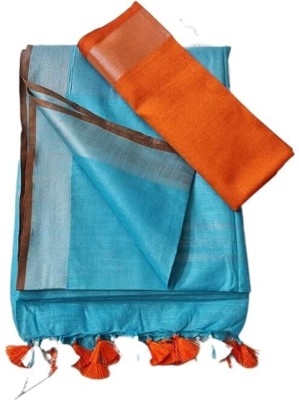 Aamir Fashion Textile Solid/Plain Bhagalpuri Handloom Cotton Linen Saree(Light Blue)