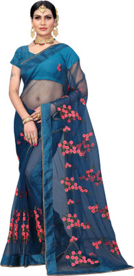 DWINIZAA STORE Embroidered Bollywood Net Saree(Blue)