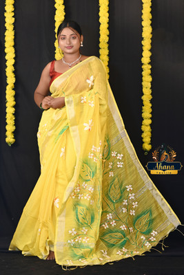Ahana Textile Printed Handloom Cotton Blend Saree(Yellow)