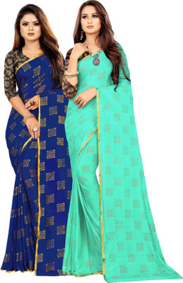RHEY Printed Bollywood Chiffon Saree(Pack of 2, Dark Blue, Light Green)