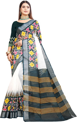 HangerStories Printed Kanjivaram Pure Cotton, Cotton Linen Saree(White, Black)