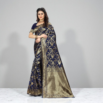 SAREEFLAME Embellished, Solid/Plain, Self Design, Striped, Temple Border, Floral Print, Woven Banarasi Art Silk, Cotton Silk Saree(Blue)