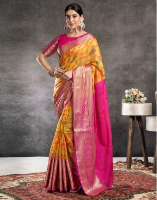 Satrani Woven, Embellished, Self Design Patola Silk Blend Saree(Yellow, Magenta, Multicolor)