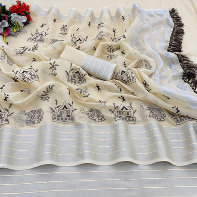 Vikash fab Embroidered Kasavu Cotton Linen Saree(Beige)