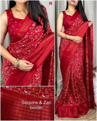 Sitanjali Printed Bollywood Cotton Blend, Art Silk Saree(Red)