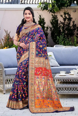 Wovenza Self Design, Woven Bollywood Cotton Blend, Semi-Pashmina Saree(Blue)