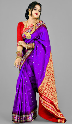 Sijileen Woven, Temple Border, Embroidered Sambalpuri Satin Saree(Purple)