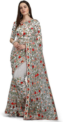 ELITEVIBE Embroidered Bollywood Net Saree(White)