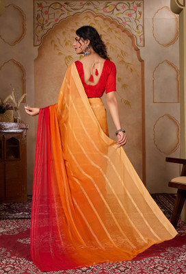 Moda Rapido Self Design, Striped, Ombre Bollywood Satin Saree(Red, Orange)