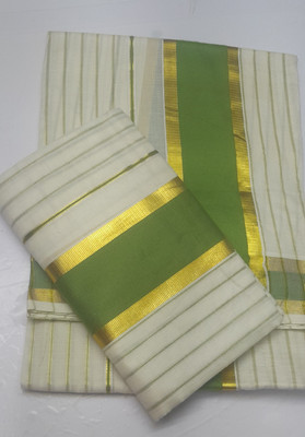 K k selvaam tex Striped Kasavu Pure Cotton Saree(Pack of 2, Gold, Cream, Light Green, White, Green)