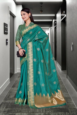 Feminista Self Design, Woven Daily Wear Cotton Silk Saree(Green)