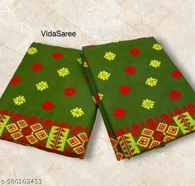 Assamese Mekhla Chador Temple Border Mekhela Chador Pure Cotton Saree(Multicolor)