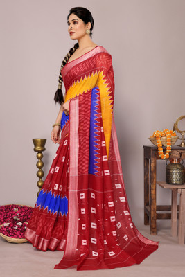 MIRCHI FASHION Printed, Blocked Printed Ikkat Cotton Blend Saree(Red, Yellow, Blue)