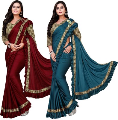 DECOFIN Woven, Solid/Plain Bollywood Lycra Blend Saree(Pack of 2, Light Blue, Red)