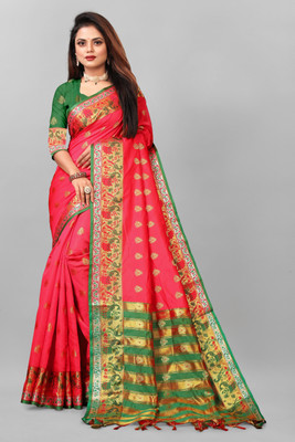 SHREE NATH CREATION Self Design Banarasi Cotton Blend, Cotton Silk Saree(Pink)