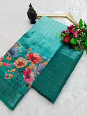 HouseOfCommon Printed Kanjivaram Pure Cotton, Cotton Linen Saree(Light Green)