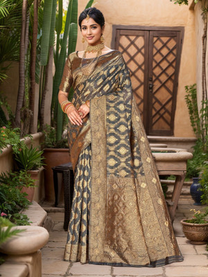 ANOUK Woven Chanderi Linen Saree(Grey, Gold)