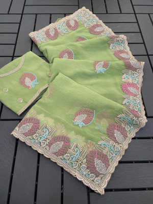 KHRITI FAB Embroidered Bollywood Silk Blend Saree(Light Green)