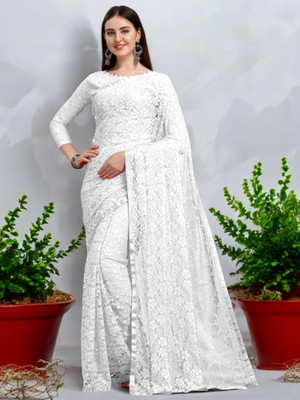 NORAFLEX Embroidered Bollywood Net Saree(Pack of 2, White)