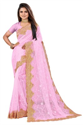 KHRITI FAB Embroidered, Floral Print Bollywood Net Saree(Pink)