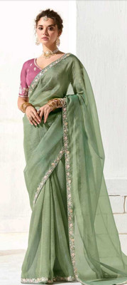 Urvashi Creation Sarees Embroidered Bollywood Organza Saree(Light Green)