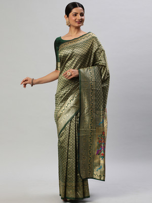 Divastri Woven Kanjivaram Silk Blend Saree(Green)