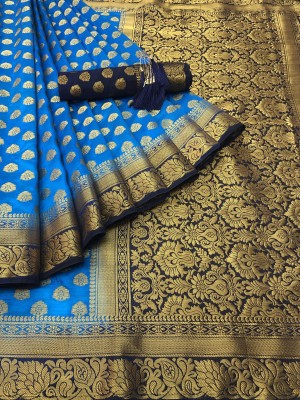 KanjiQueen Woven Kanjivaram Silk Blend Saree(Silver, Light Blue)