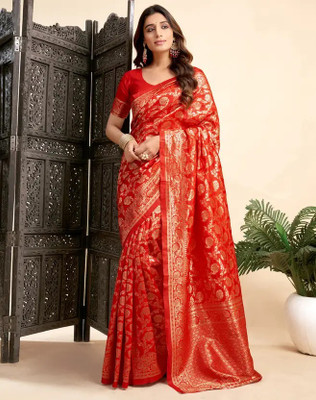 SATQ Woven, Floral Print, Geometric Print, Temple Border Kanjivaram Cotton Silk, Jacquard Saree(Red)