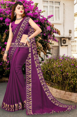 Suvali Fashion Solid/Plain Banarasi Lycra Blend, Chiffon Saree(Purple)