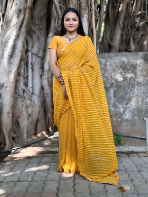 sarikafab Striped Bollywood Georgette Saree(Yellow)