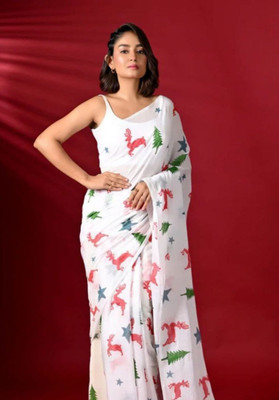 FULIYA SILK Digital Print Bollywood Linen Saree(White)