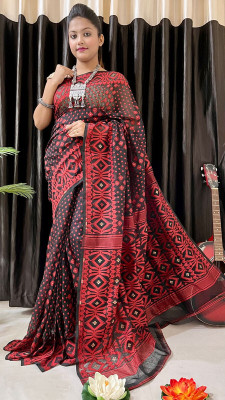 rinasareehouse Woven Jamdani Cotton Silk Saree(Black, Red)