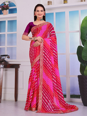 Anmi Printed Bandhani Georgette Saree(Pink)