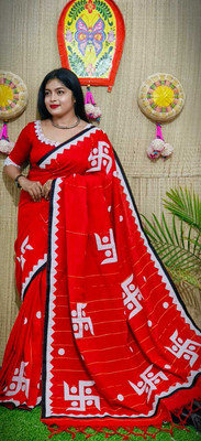 Gitobitan Printed Tant Cotton Silk Saree(Red, White, Black)