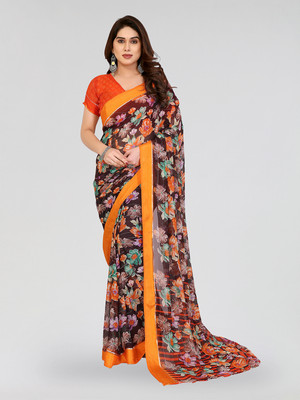 Moda Rapido Embellished, Floral Print Bollywood Georgette, Satin Saree(Brown, Orange)