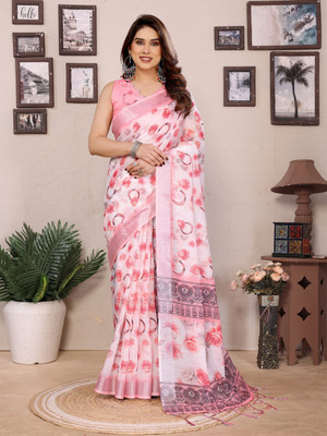 Pritam Woven, Embellished, Printed Bollywood Cotton Linen, Art Silk Saree(White, Pink)