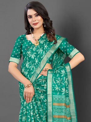 Sareemall Printed Daily Wear Silk Blend Saree(Dark Green)