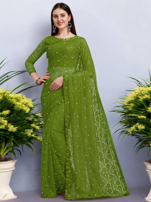 NORAFLEX Embroidered Bollywood Net Saree(Green)