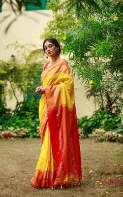 Joyguru Textile Solid/Plain Handloom Pure Cotton Saree(Yellow)
