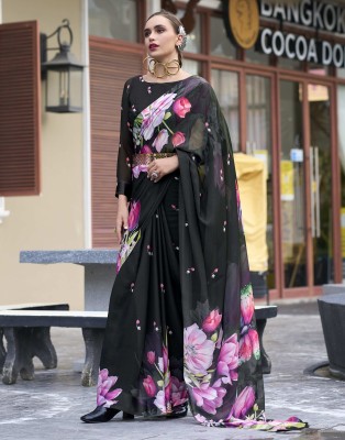 Samah Floral Print Bollywood Georgette Saree(Black)