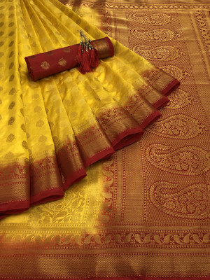 GajGajra Printed Arani Pattu Cotton Silk Saree(Gold, Red)