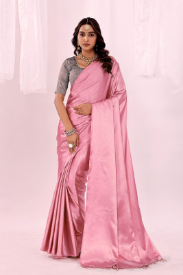 Suali Solid/Plain Bollywood Satin Saree(Pink)
