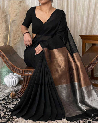 SRIJITA SAREE CENTER Woven Handloom Cotton Blend Saree(Black)