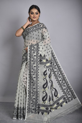 Clothika Woven Jamdani Cotton Silk Saree(Grey)