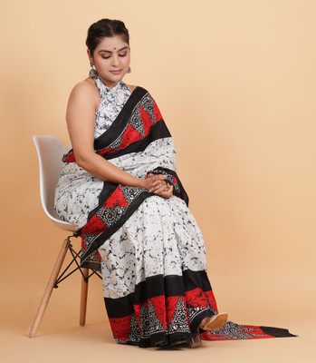 Krishna Creation Geometric Print, Printed, Floral Print Handloom Pure Cotton Saree(Red)